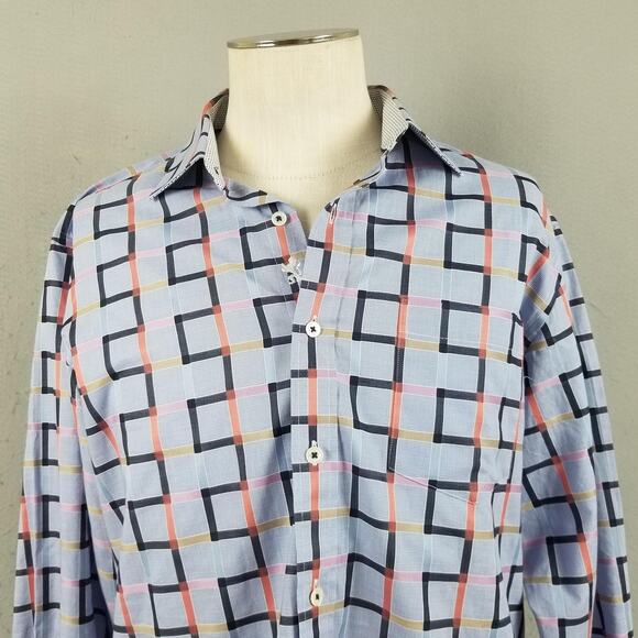 Bugatchi Uomo Shirt Mens Large Blue Multicolor Plaid Classic Fit Contrast Cuff - Picture 2 of 13